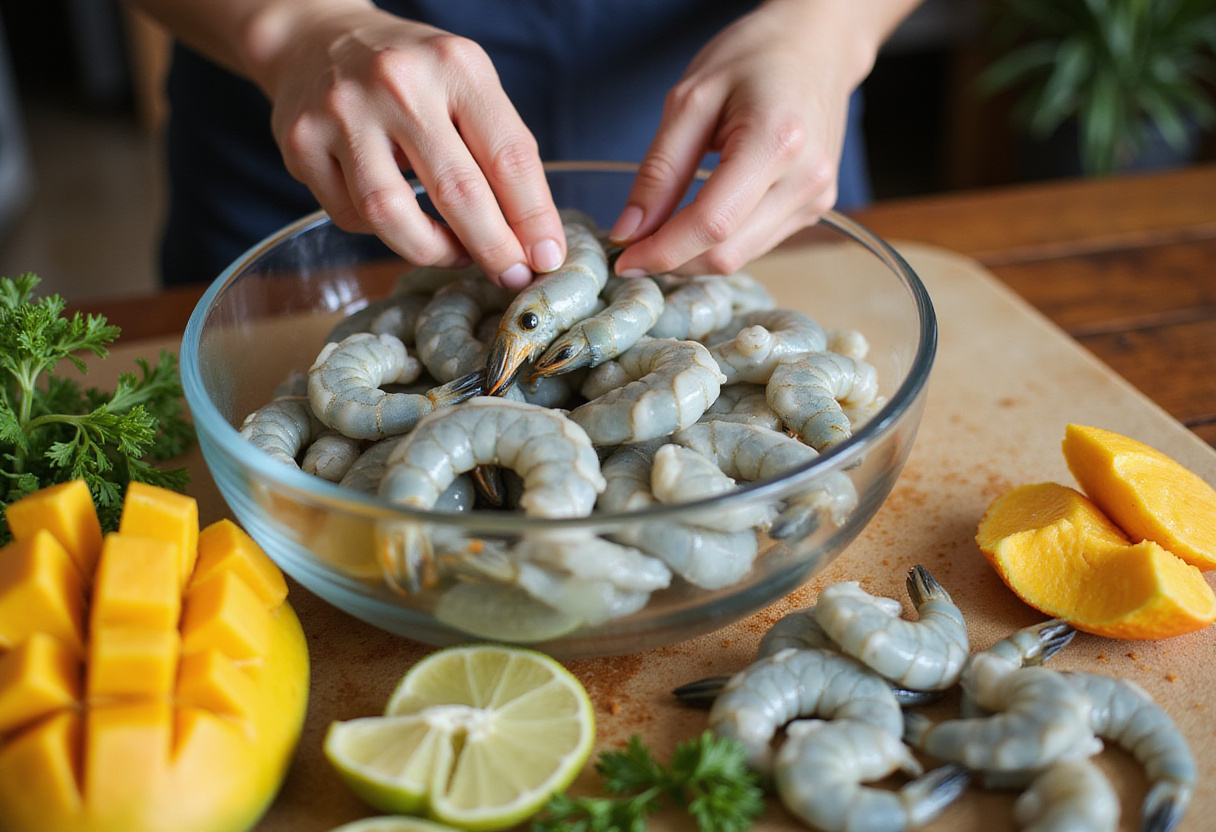 Preparación de ensalada de camarones y mango, limpiando los camarones frescos con mango y limón en la mesa.