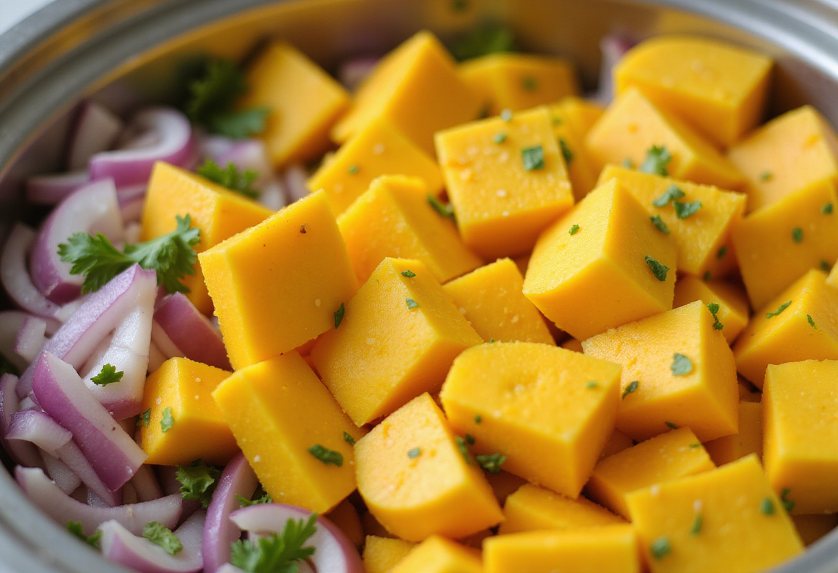 Mango fresco picado mezclándose en la ensalada de camarones y mango, añadiendo frescura y sabor.
