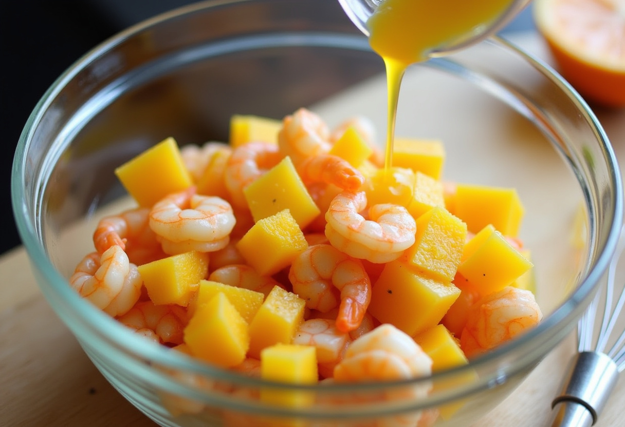 Mezcla de camarones cocidos con mango y aderezo para la ensalada de camarones y mango, creando un plato delicioso.