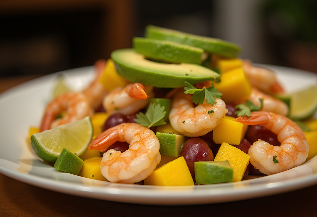 Ensalada de camarones y mango presentada de manera colorida, lista para servir en una comida de verano.