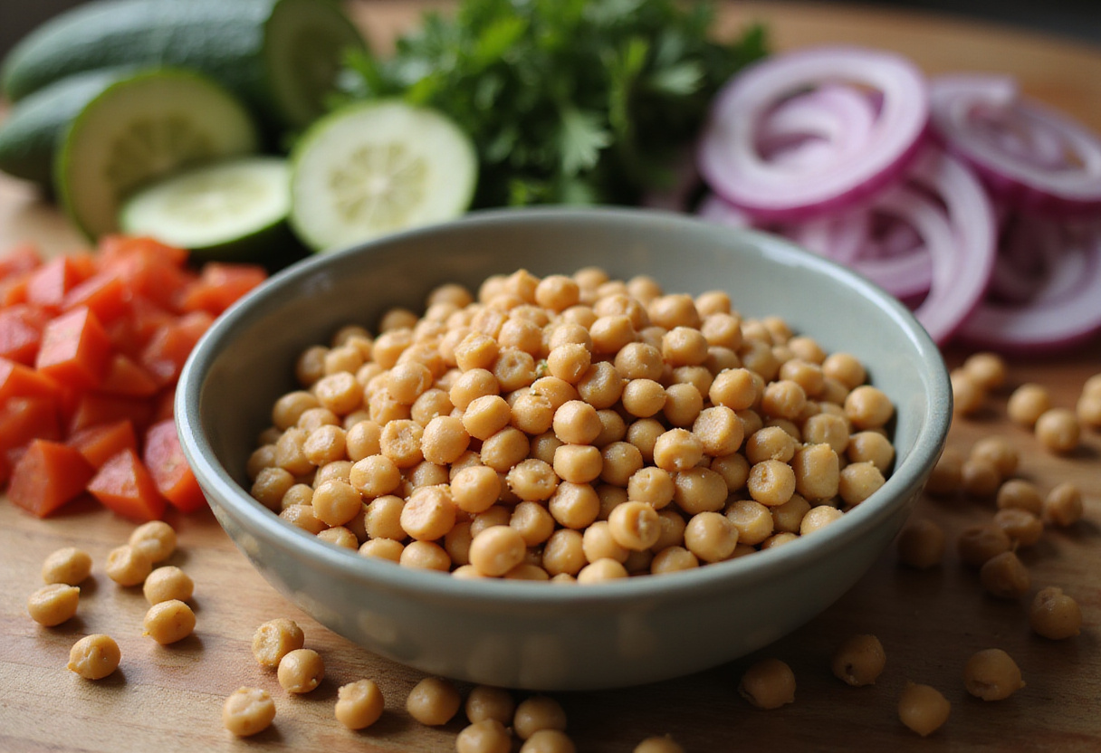 Ingredientes de ensalada de garbanzos listos para preparar una deliciosa ensalada saludable.