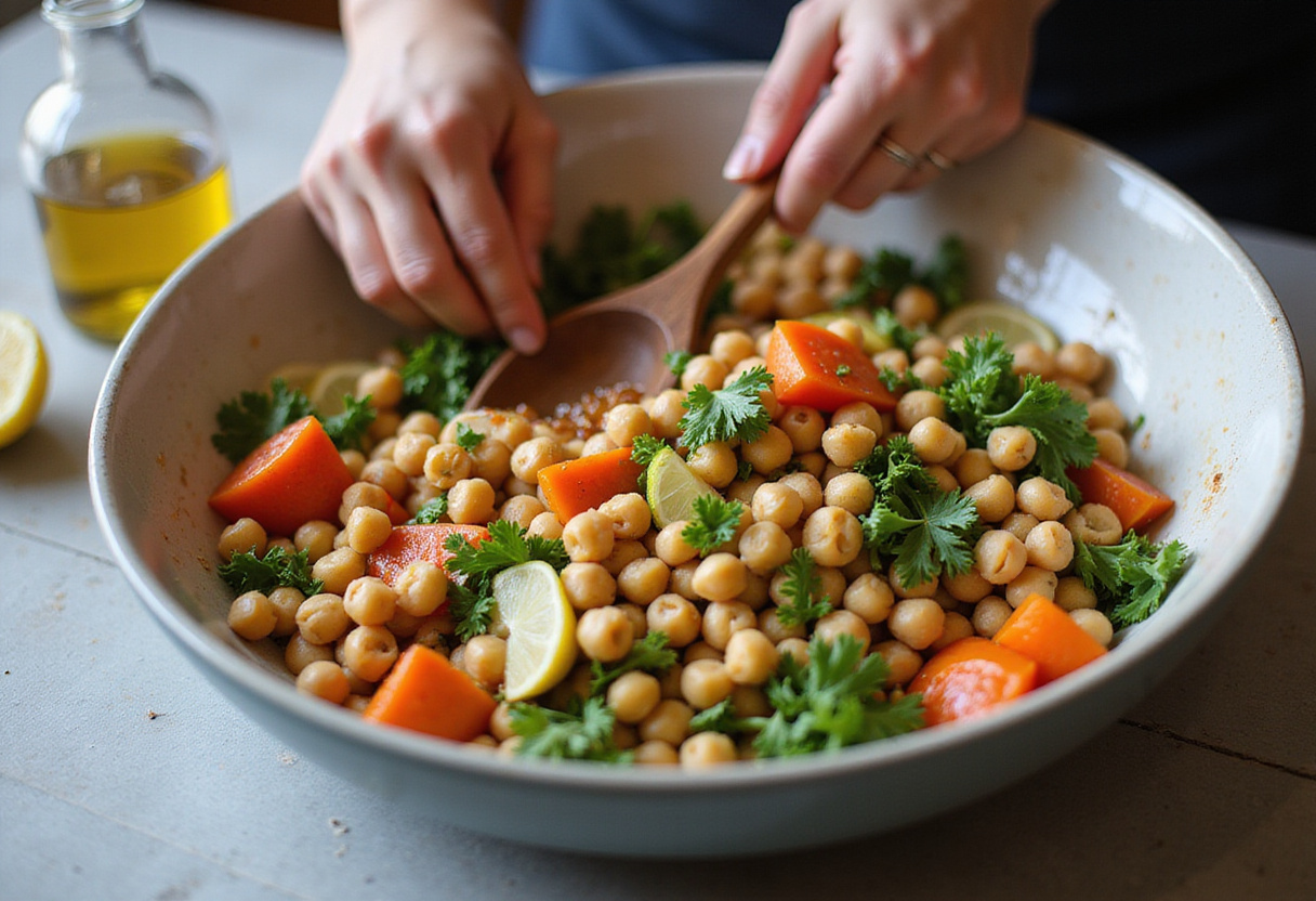 Mezcla de garbanzos y verduras siendo preparada para la ensalada de garbanzos.