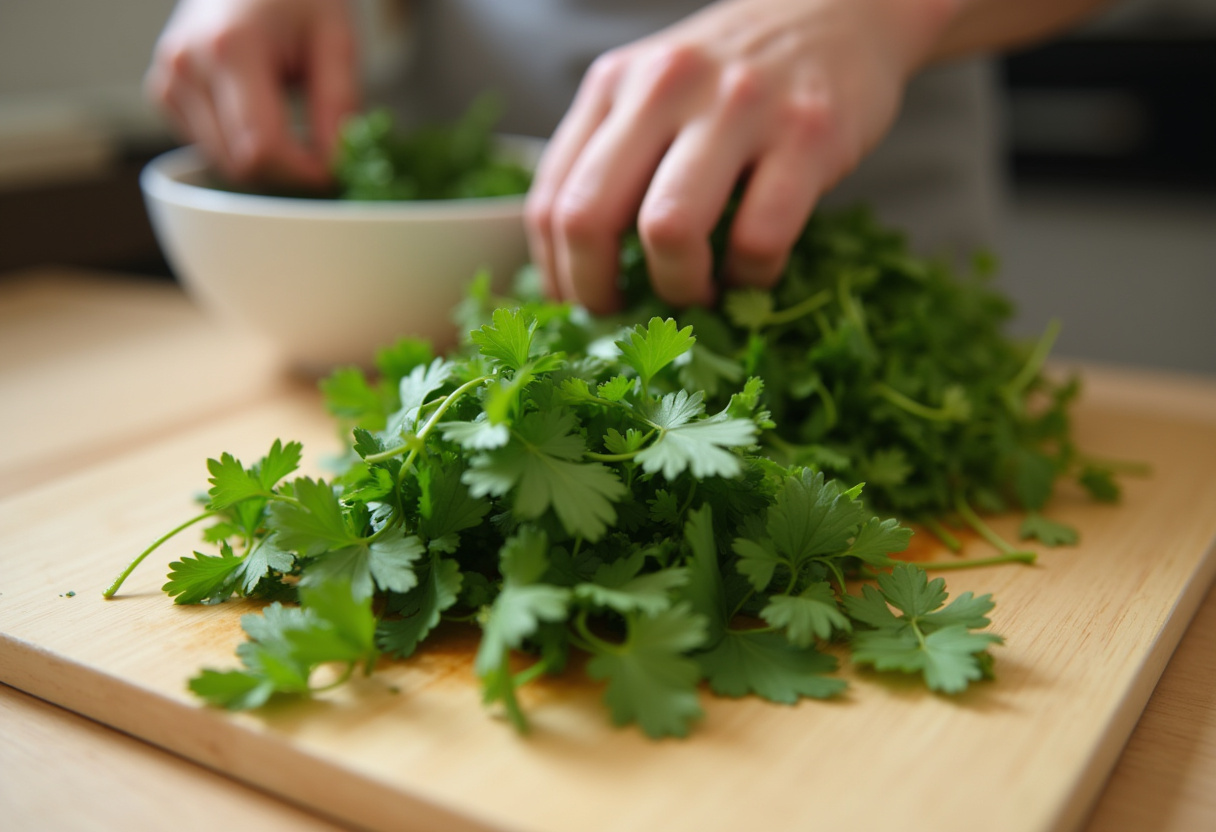 Picando hierbas frescas para agregar a la ensalada de garbanzos.