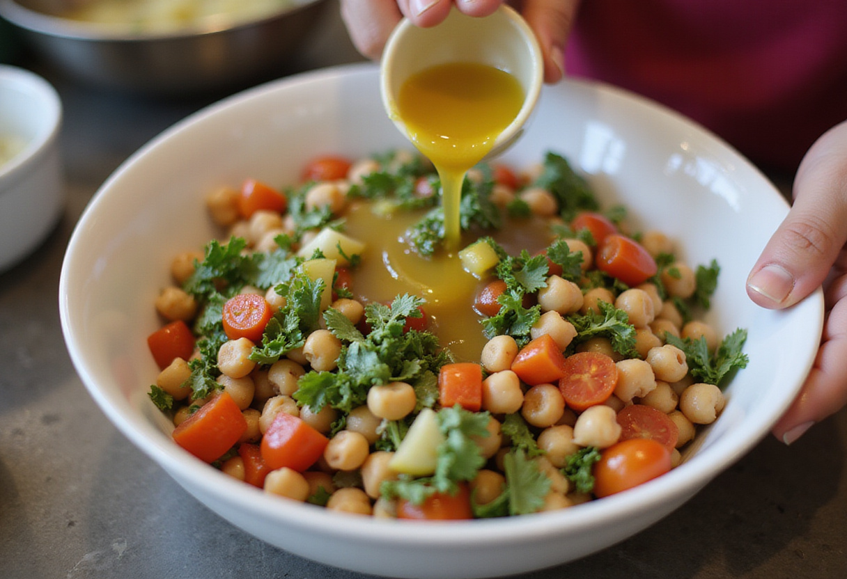 Mezcla de garbanzos con verduras y hierbas, lista para aderezar con aceite de oliva y limón.