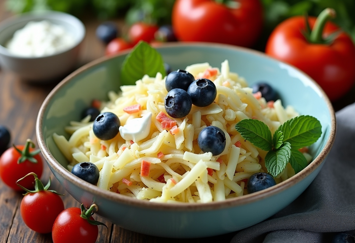 Ensalada de repollo con yogur griego y arándanos, una deliciosa opción de ensalada saludable.