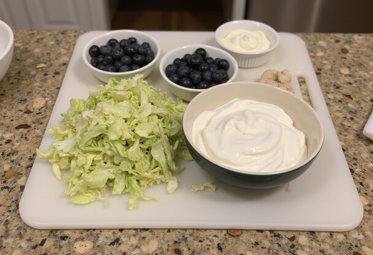 Ingredientes para ensalada de repollo: repollo rallado, arándanos y yogur griego en la mesa de la cocina.