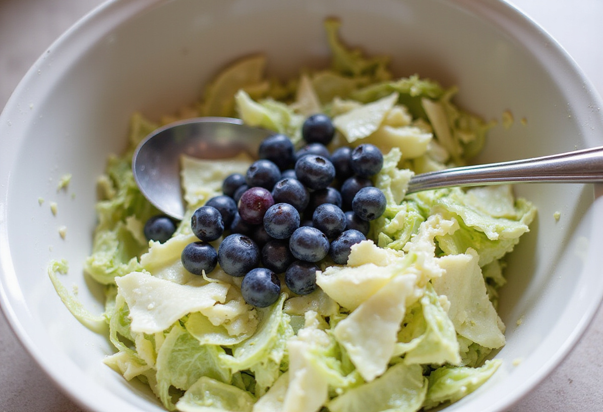 Mezcla de repollo y arándanos en un bol grande para ensalada de repollo saludable.