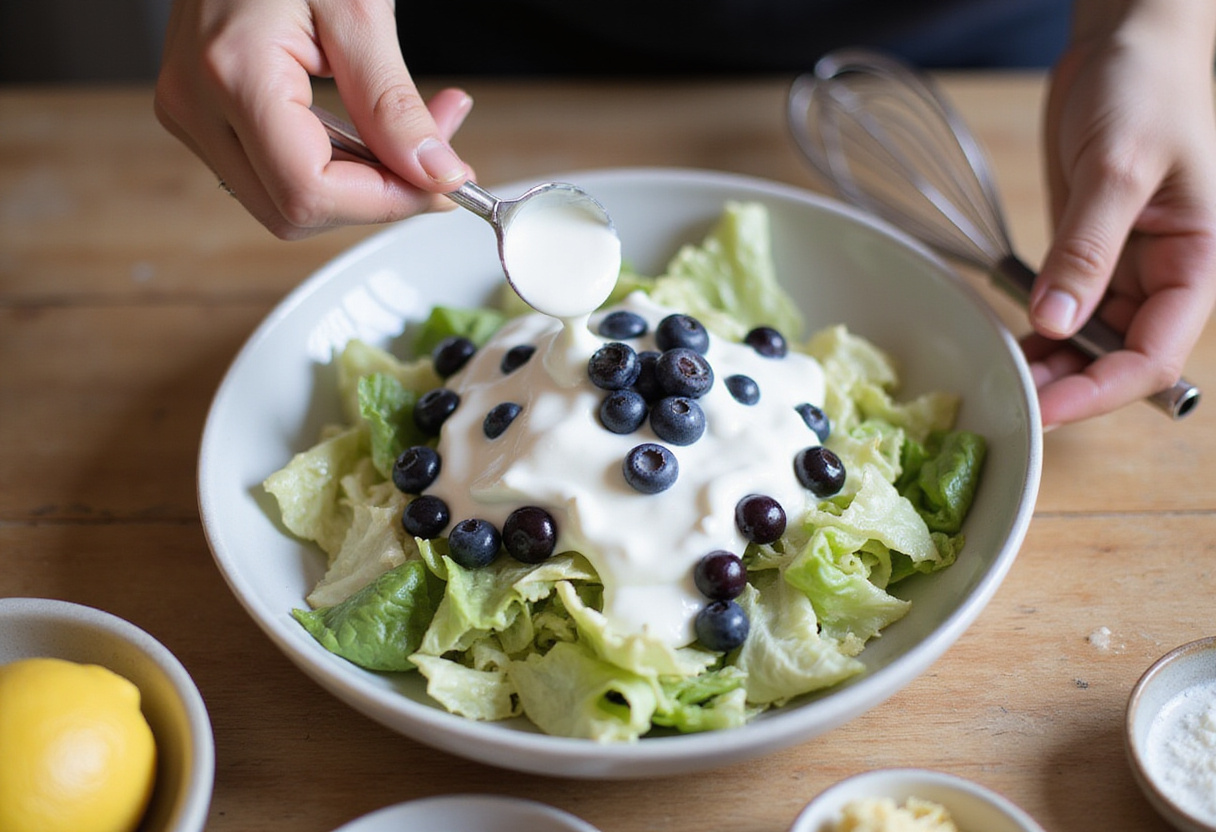 Yogur griego siendo añadido a la ensalada de repollo y arándanos para receta de ensalada.