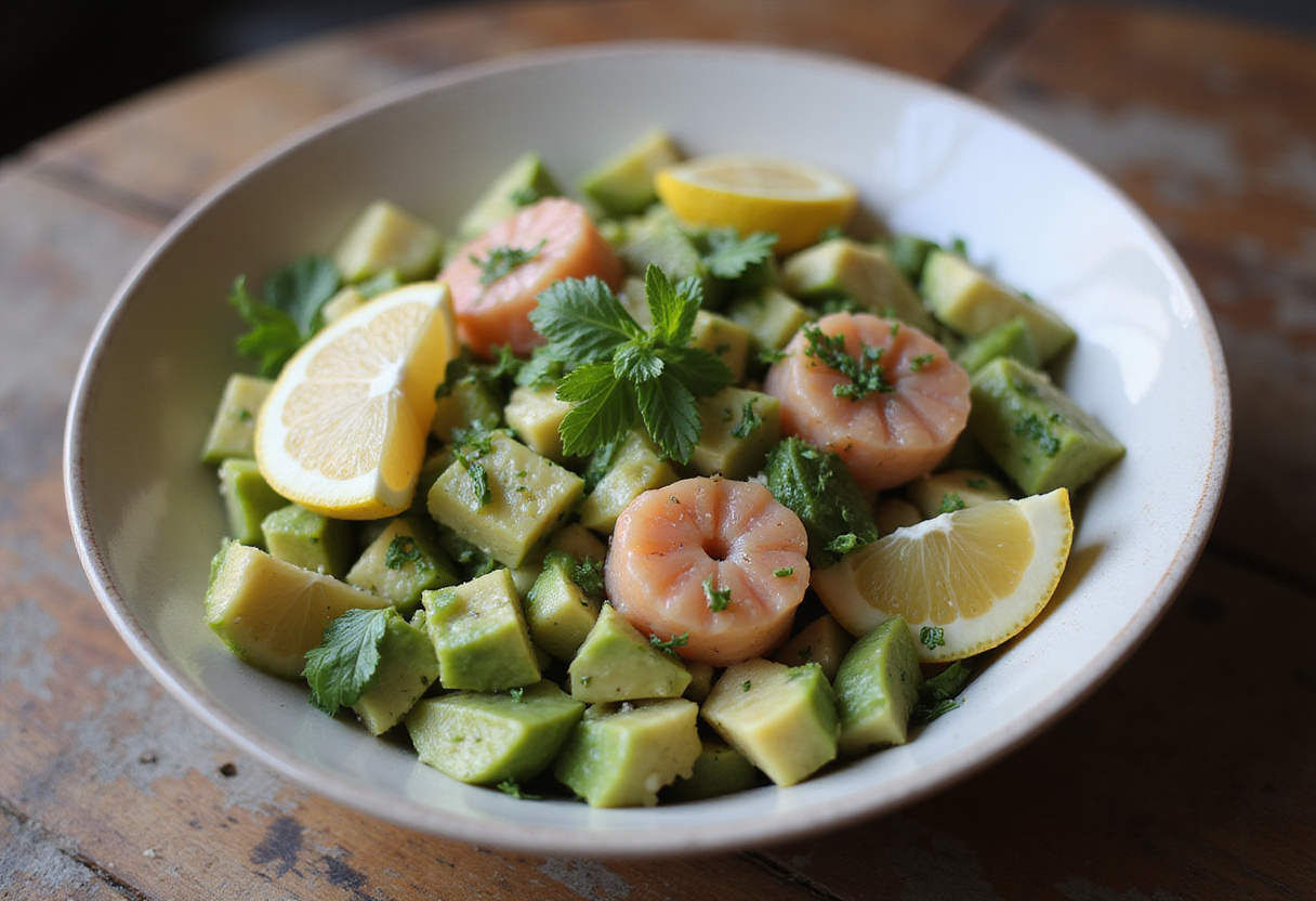 Ensalada de aguacate, espinacas y salmón, ideal para una comida saludable.