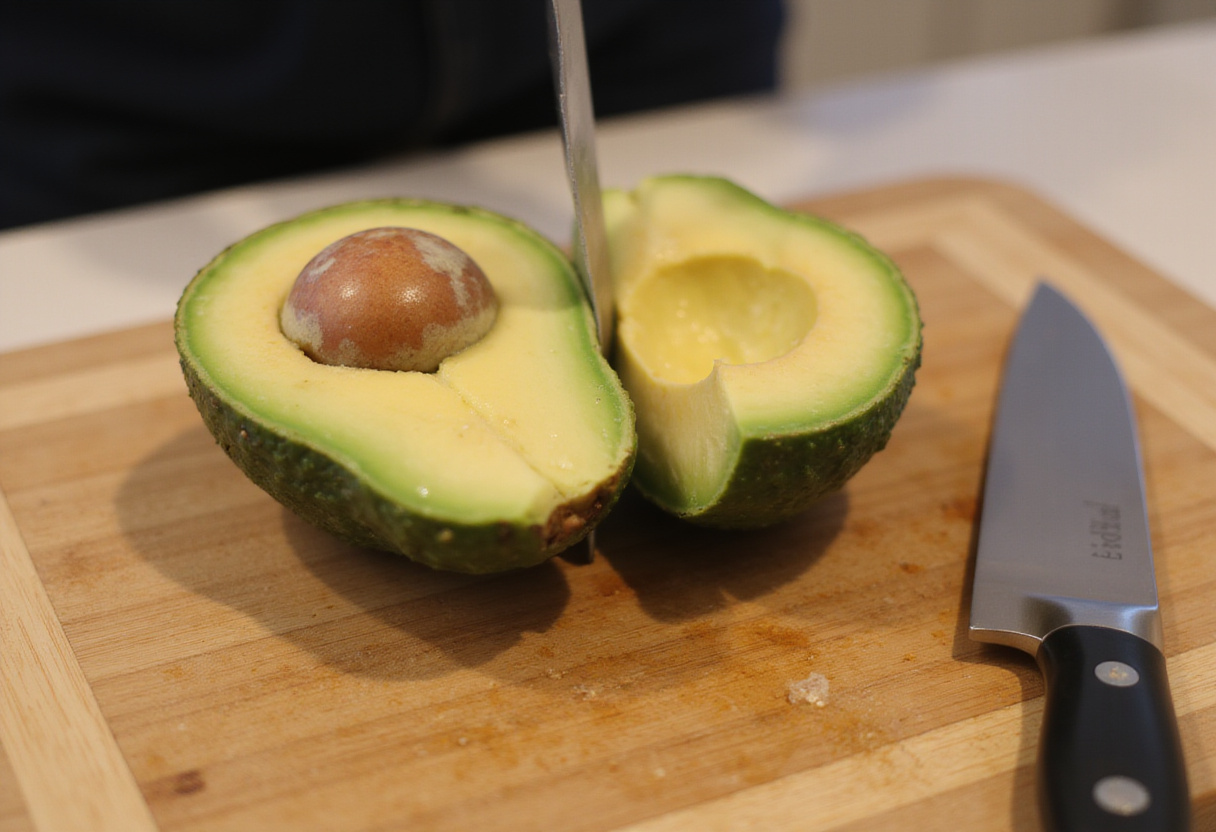 Aguacate cortado a la mitad listo para la ensalada de aguacate y espinacas.