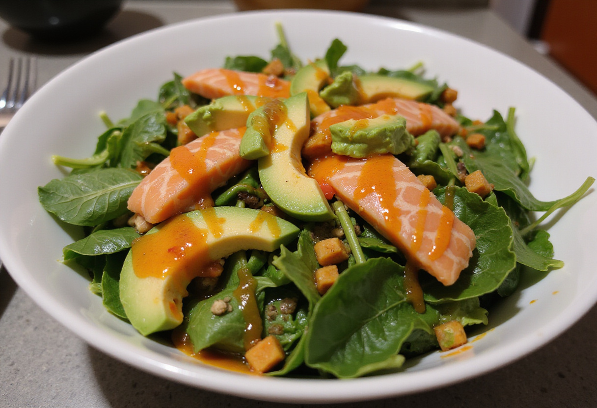 Ensalada de espinacas con aguacate y salmón lista para servir.
