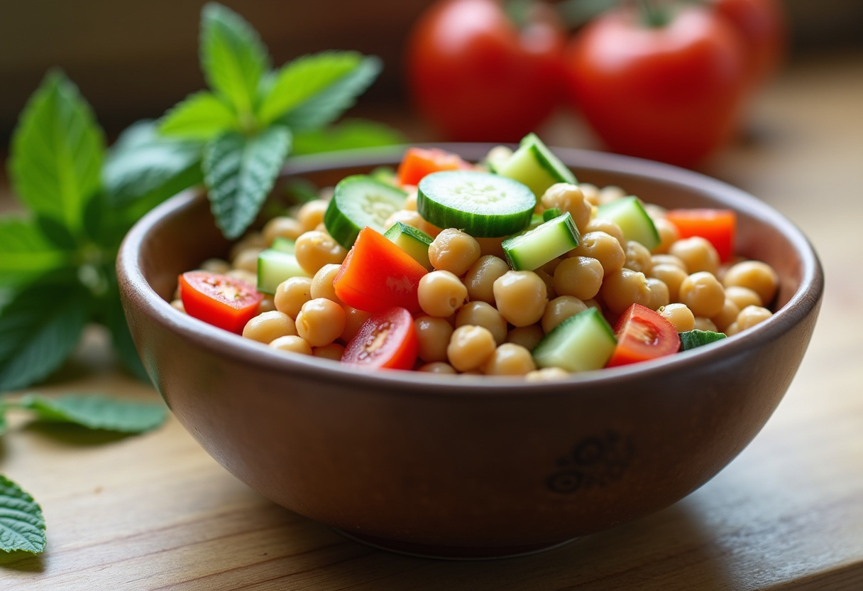 Ingredientes frescos para ensalada de garbanzos en un bol, incluyendo garbanzos cocidos, pepinos y tomates.