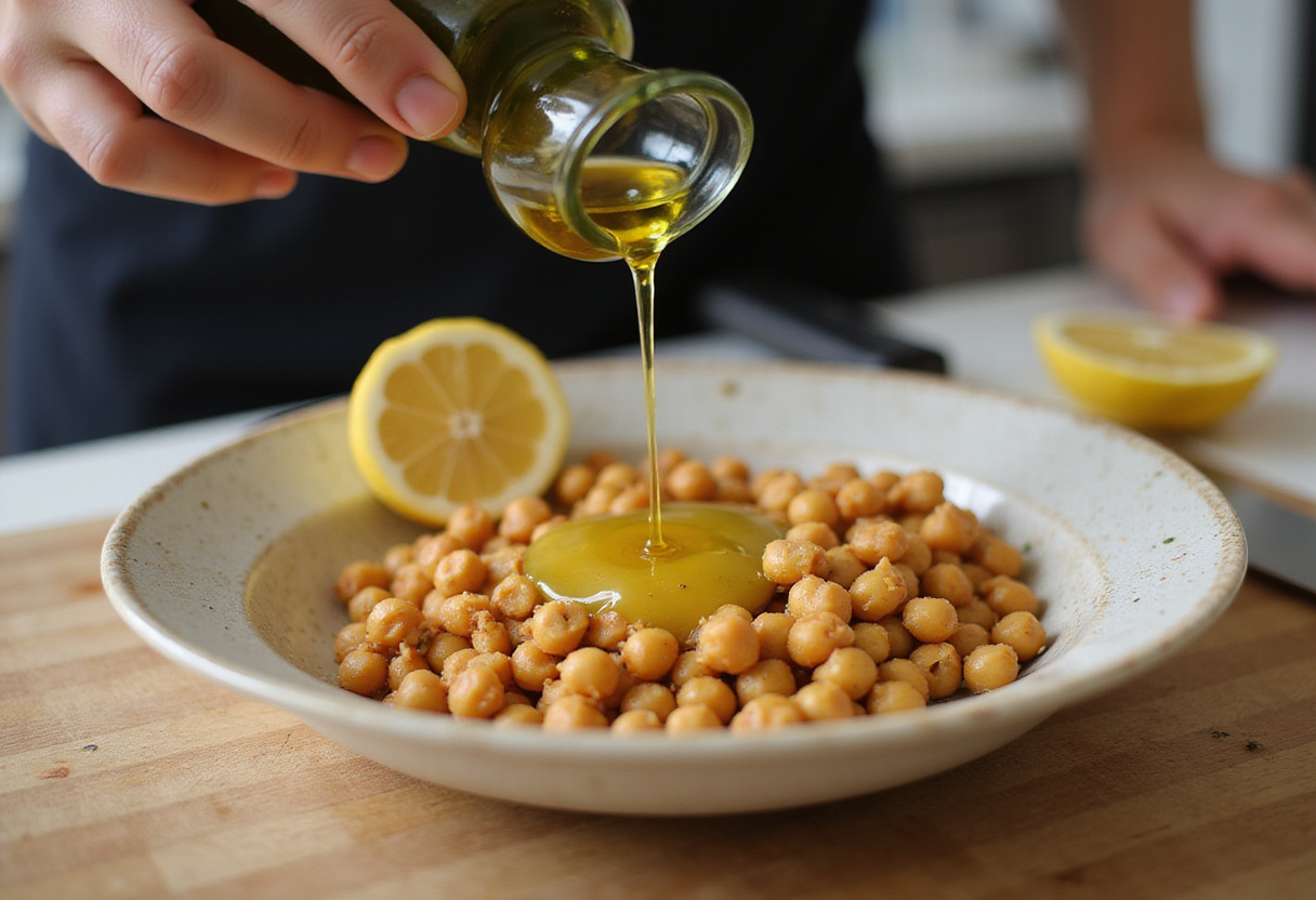 Aceite de oliva siendo añadido sobre los garbanzos para ensalada de garbanzos con menta.