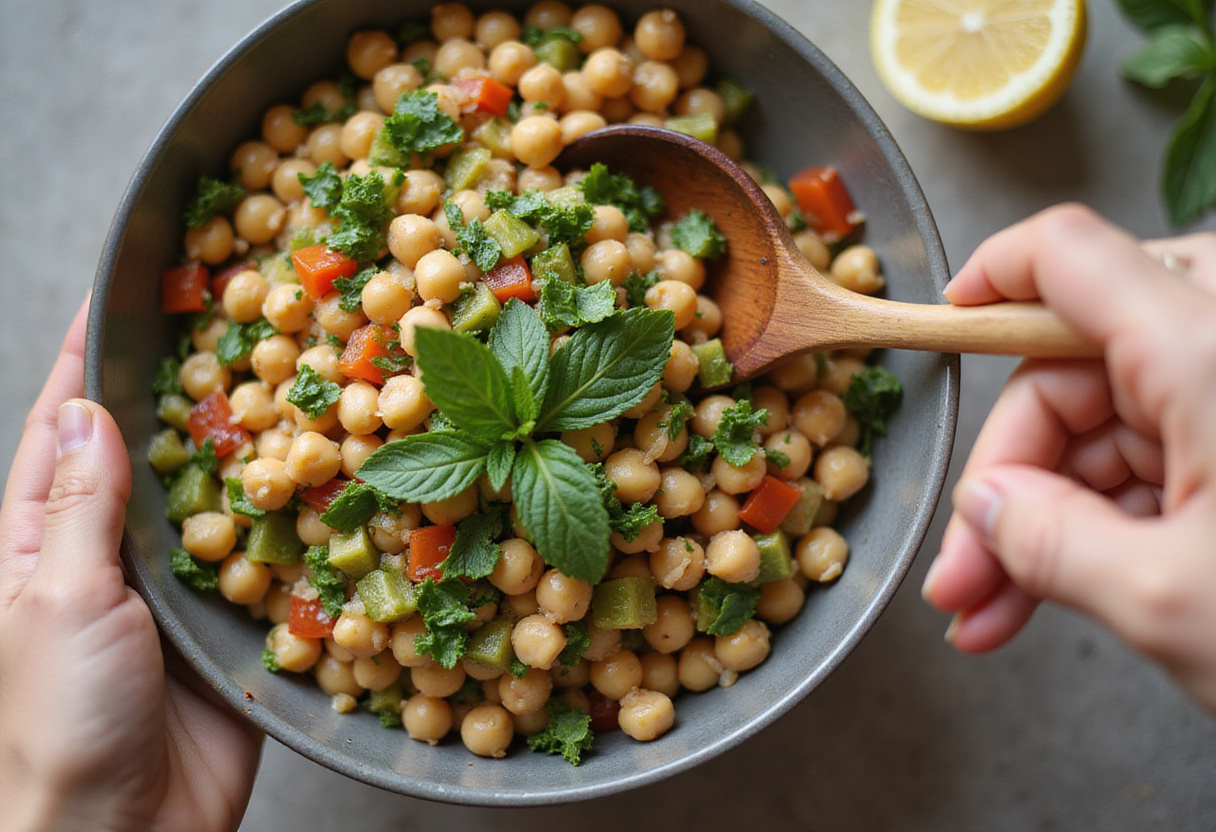 Mezcla de garbanzos con menta y limón para ensalada fresca en un bol.