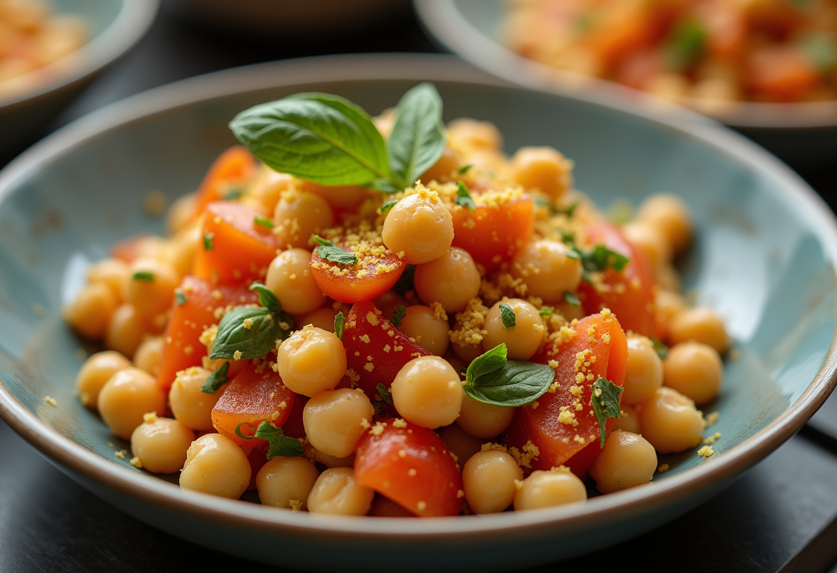 Ensalada de garbanzos con menta y limón lista para servir.