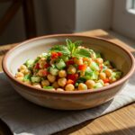 Beautifully arranged ensalada de garbanzos with fresh cucumbers and mint, perfect for a healthy meal.