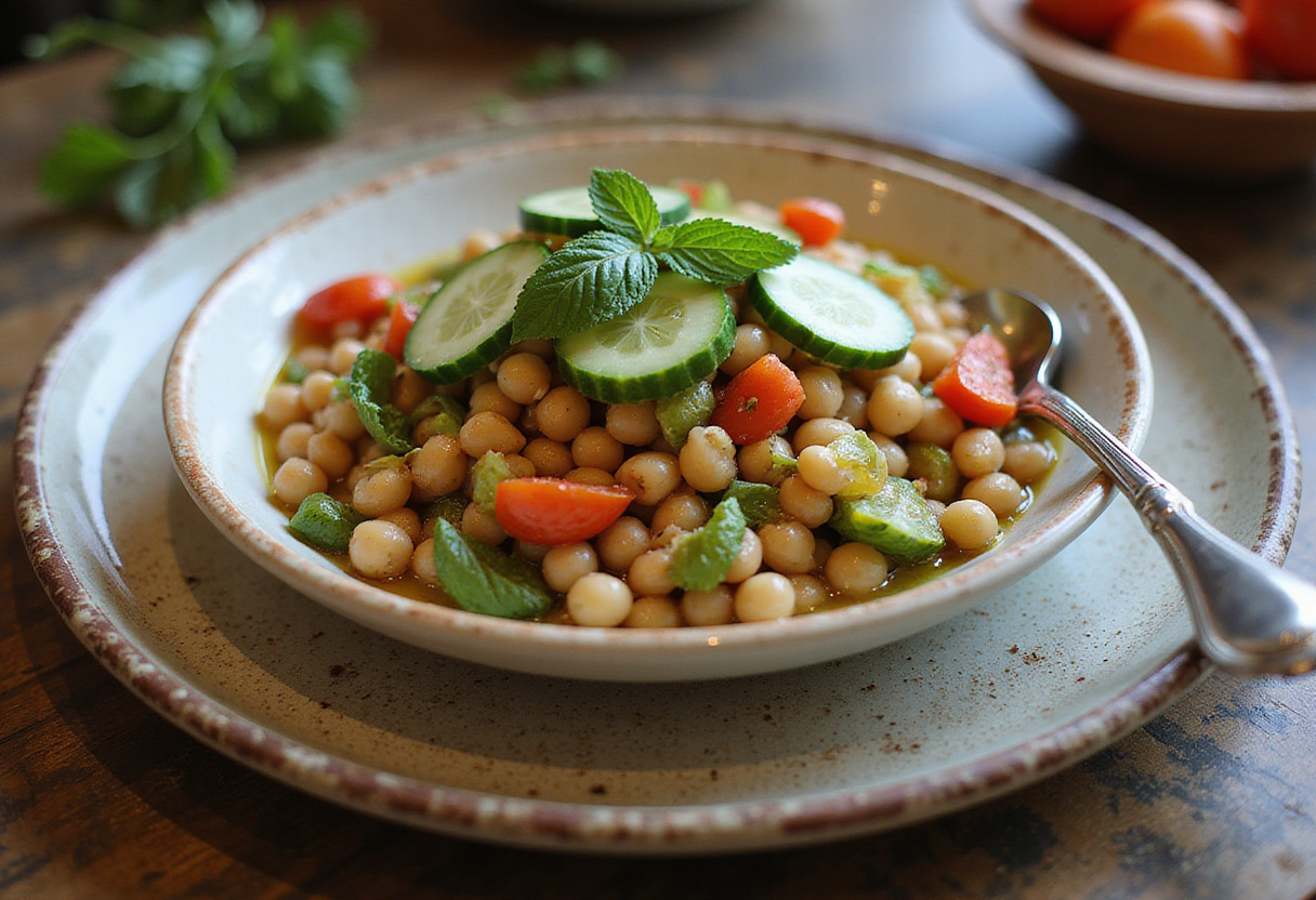 Hermosa ensalada de garbanzos con pepinos frescos y menta, perfecta para una comida saludable.