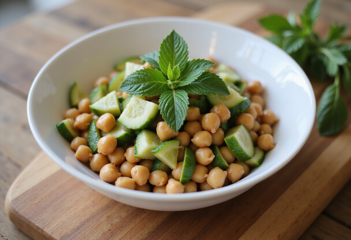 Ingredientes para ensalada de garbanzos: garbanzos, pepino y menta dispuestos para una ensalada fresca.