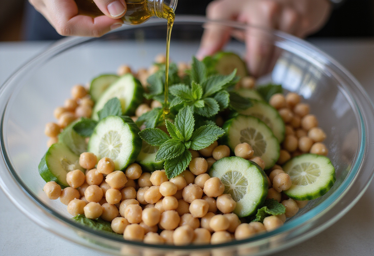 Mezclando ingredientes para ensalada de garbanzos con aceite de oliva añadido para el sabor.