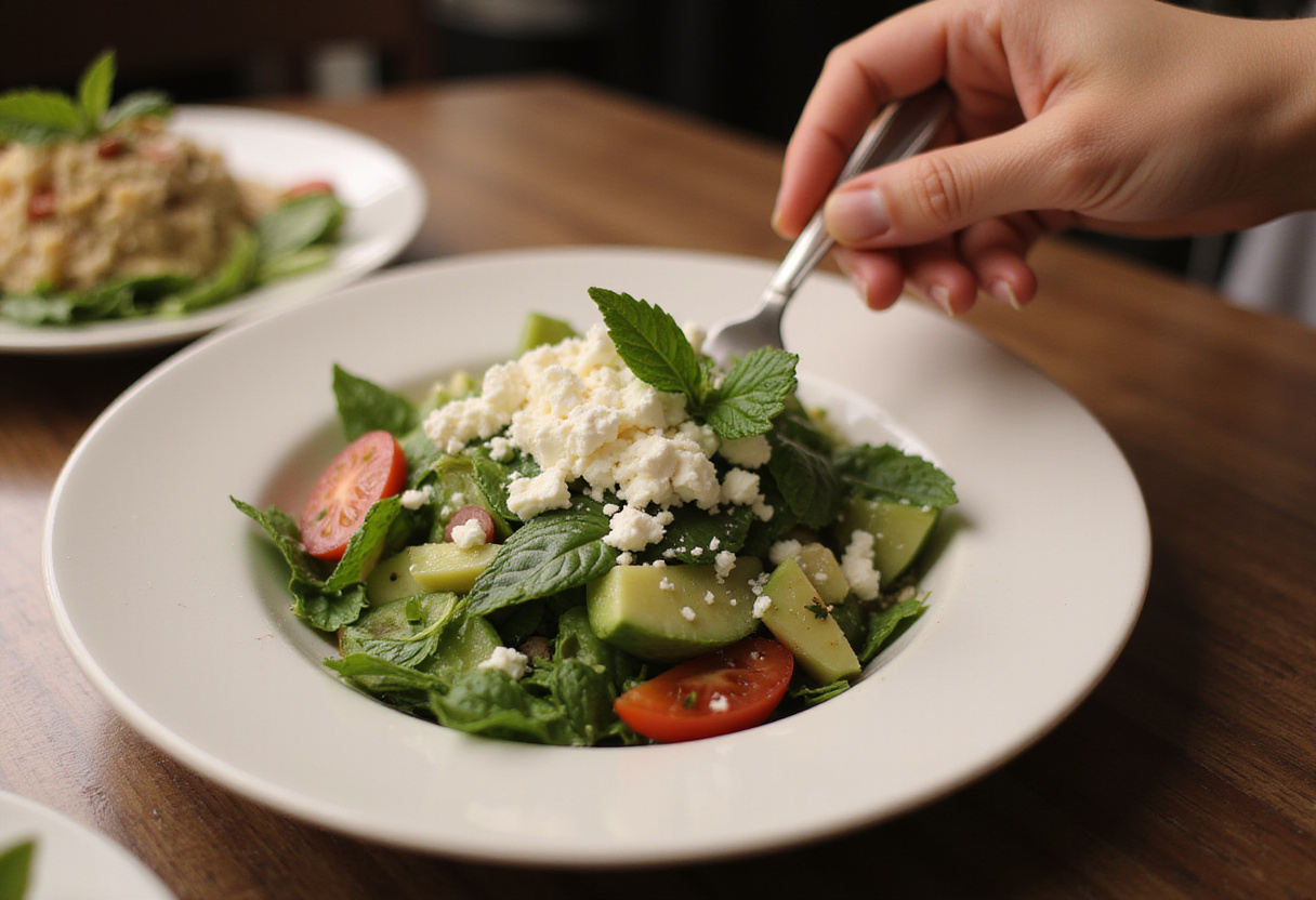Decorando ensalada de garbanzos con menta y feta para una presentación fresca.