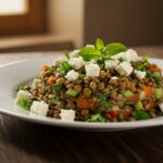 Delicious ensalada de lentejas topped with feta cheese and herbs, perfect for a healthy meal.