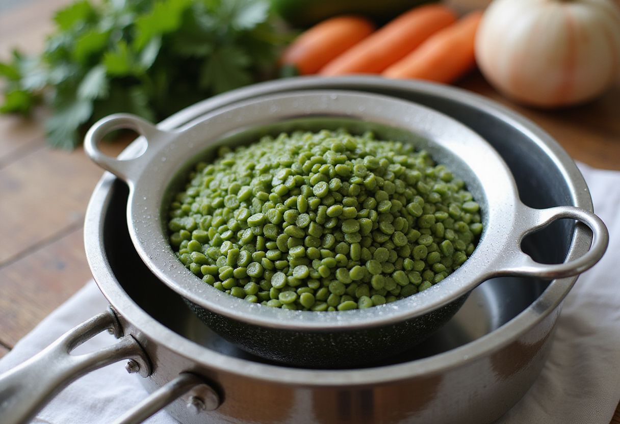 Rinsing green lentils for ensalada de lentejas preparation.