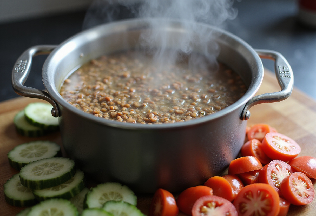 Cooking lentils in boiling water for ensalada de lentejas recipe.