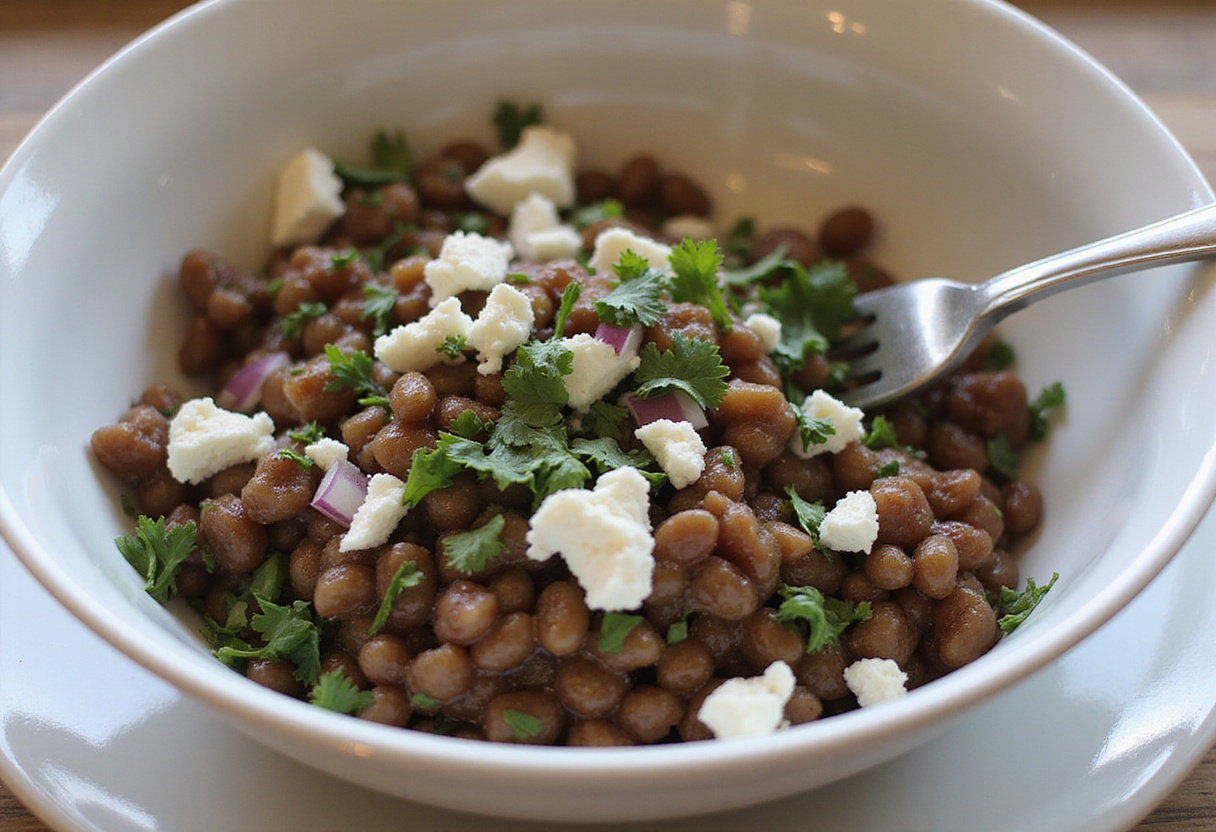 Combining lentils with feta cheese and vegetables for ensalada de lentejas.