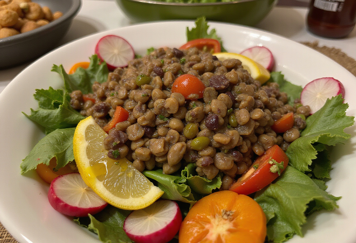 Preparing ensalada de lentejas with fresh ingredients and dressing.
