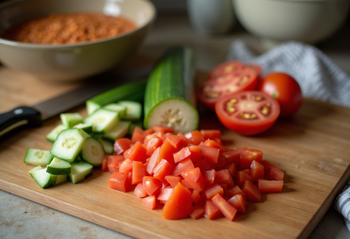 Diced tomatoes and cucumbers for ensalada de lentejas preparation on a cutting board.