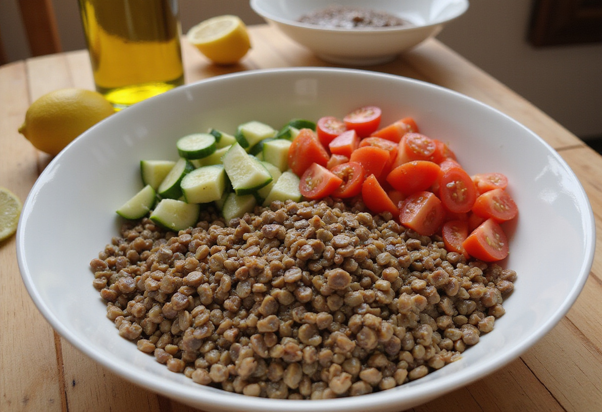 Mixing lentils, tomatoes, and cucumbers to create a healthy ensalada de lentejas.