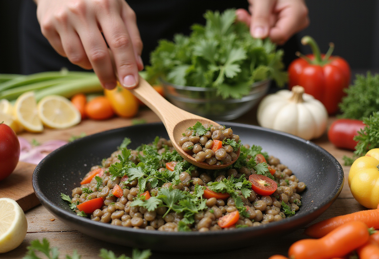 Tossing ingredients together for a fresh and healthy ensalada de lentejas.