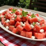 Ensalada de sandía, menta y queso feta lista para disfrutar en un ambiente fresco.
