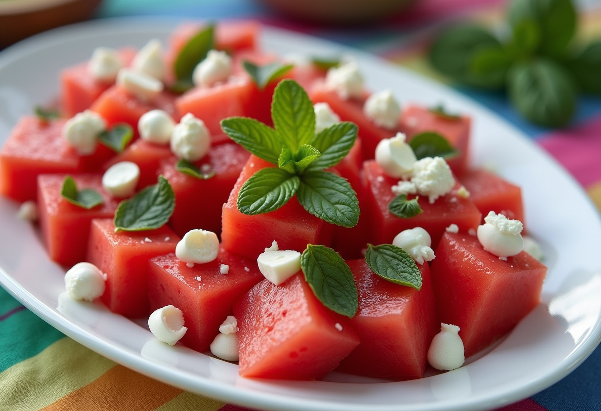 Ensalada de sandía, menta y queso feta lista para disfrutar en un ambiente fresco.