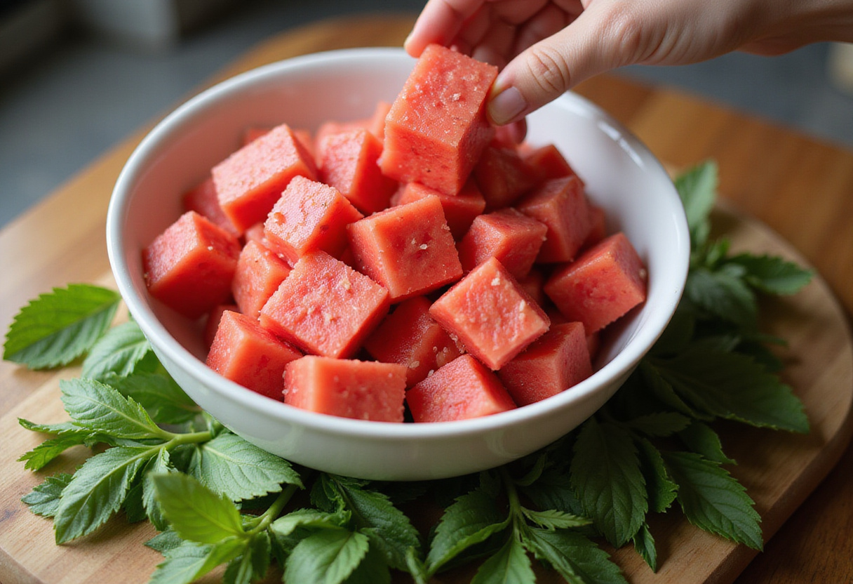 Cubos de sandía fresca en un tazón, ideales para ensalada de sandía.