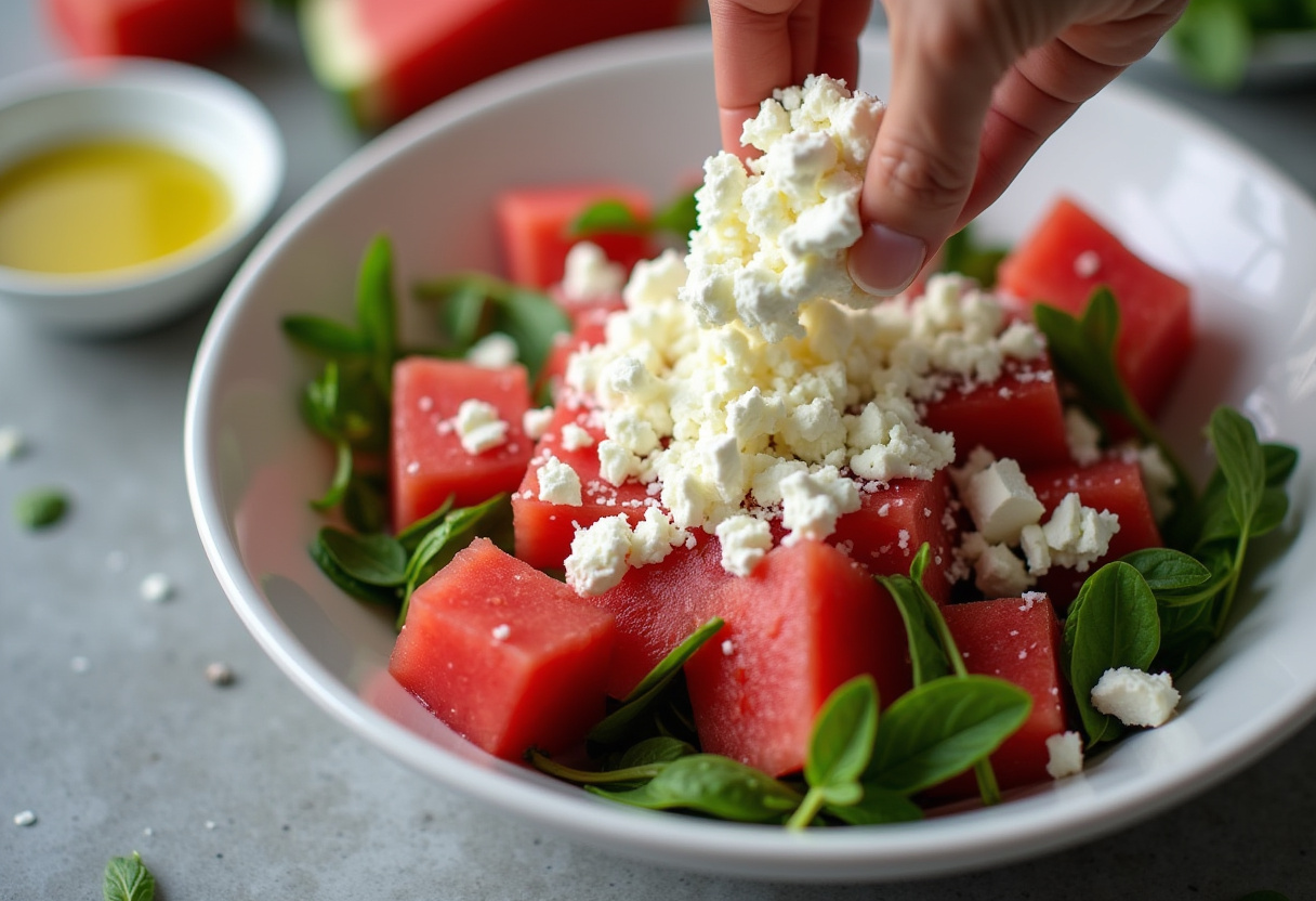 Agregando queso feta desmenuzado para ensalada de sandía con menta.