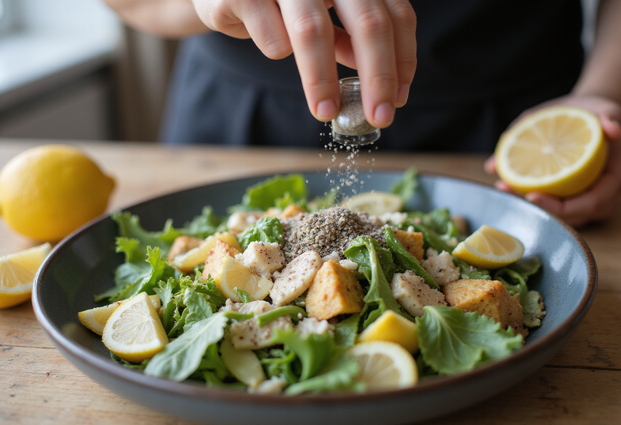 Ajustando el sazón con sal y pimienta en la ensalada de sandía fresca.