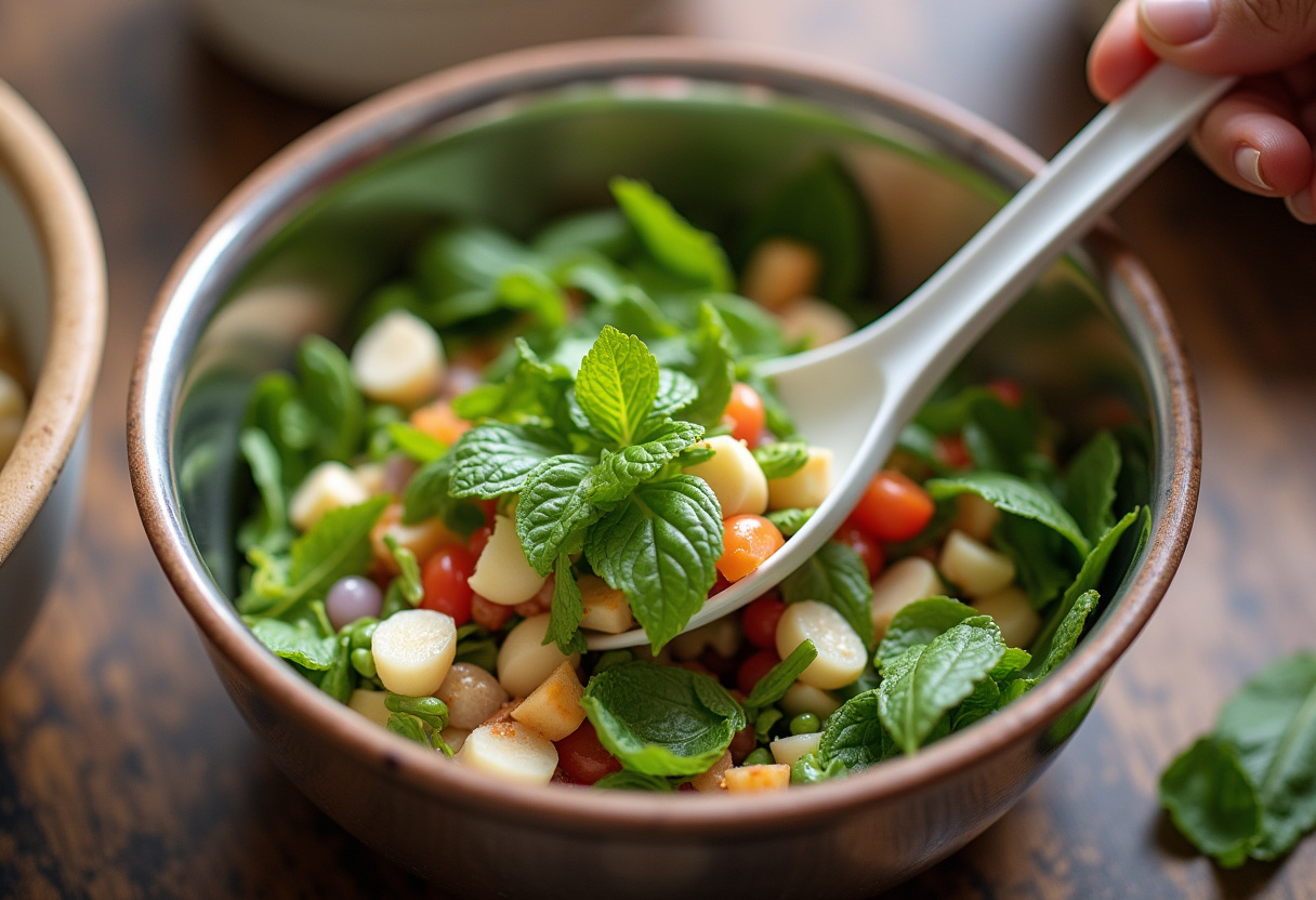 Ensalada de sandía mezclándose bien, lista para servir con un toque fresco.