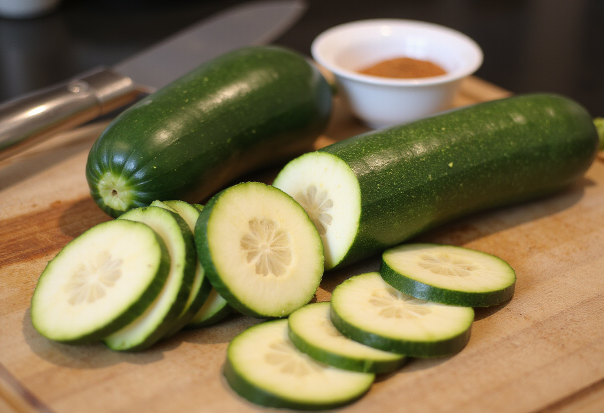 Zucchini sliced for ensalada marroquí, a fresh salad recipe.
