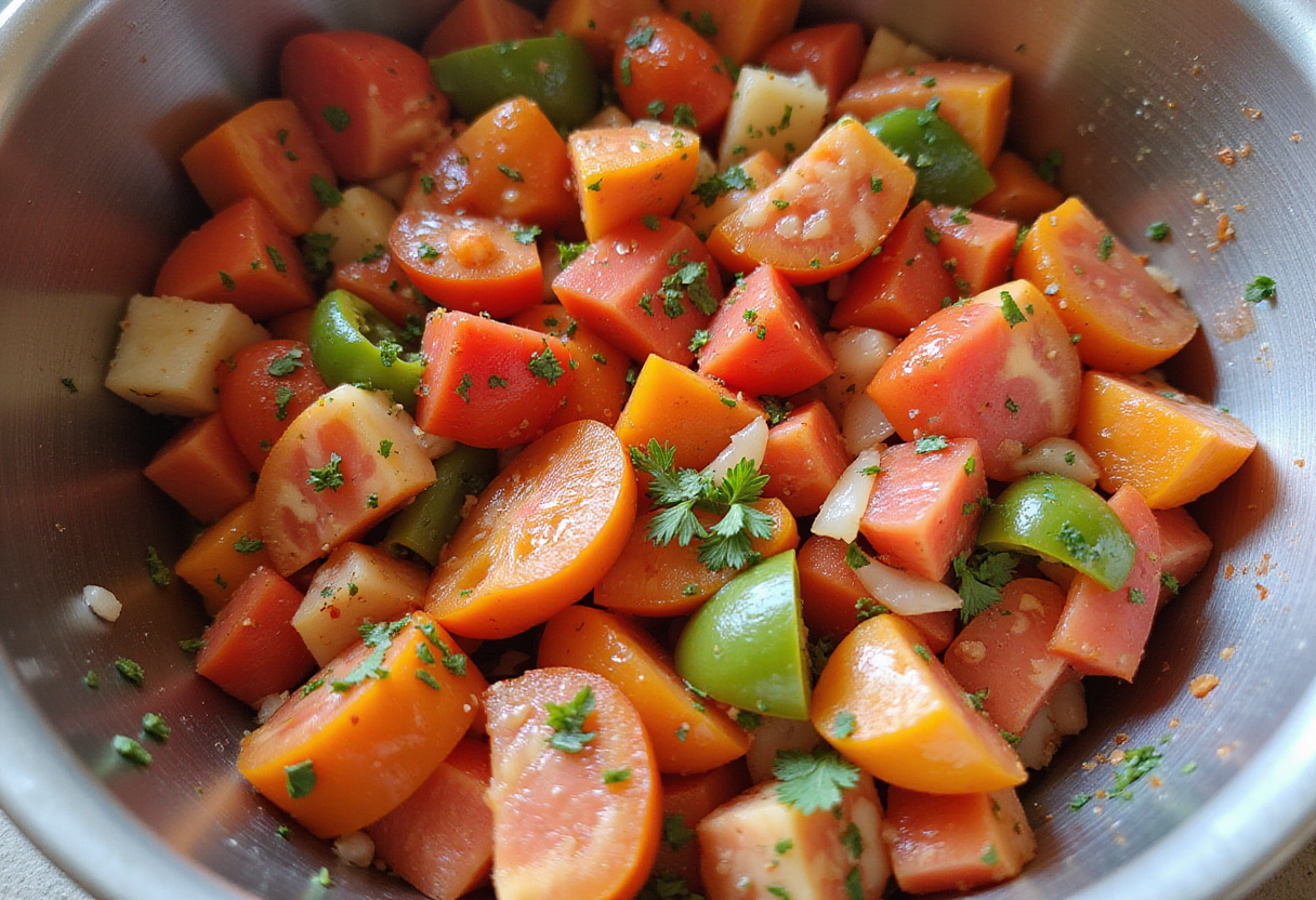 Fresh vegetables being mixed for ensalada marroquí, a delightful zucchini salad.