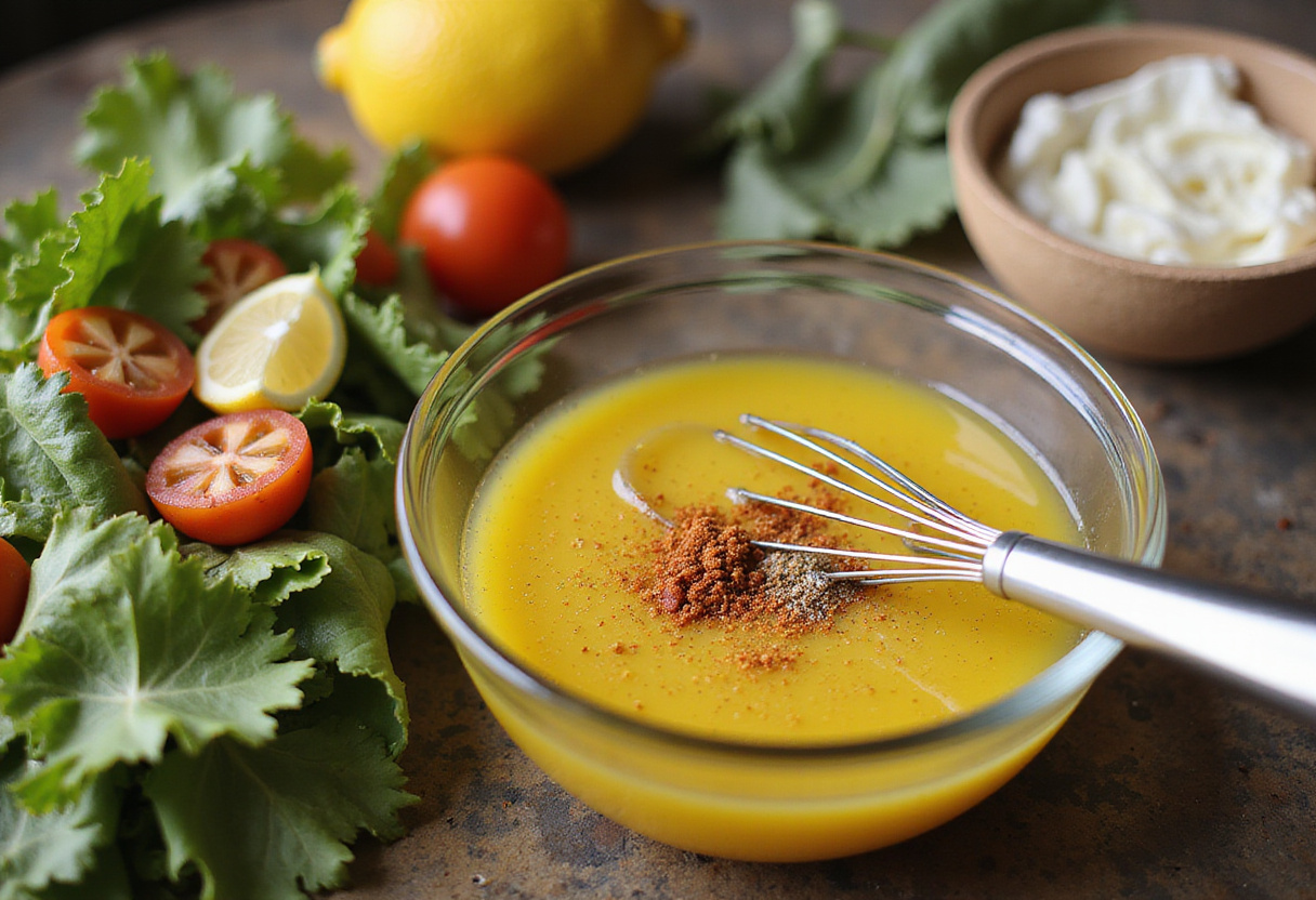Dressing being prepared for ensalada marroquí, enhancing the zucchini salad flavor.