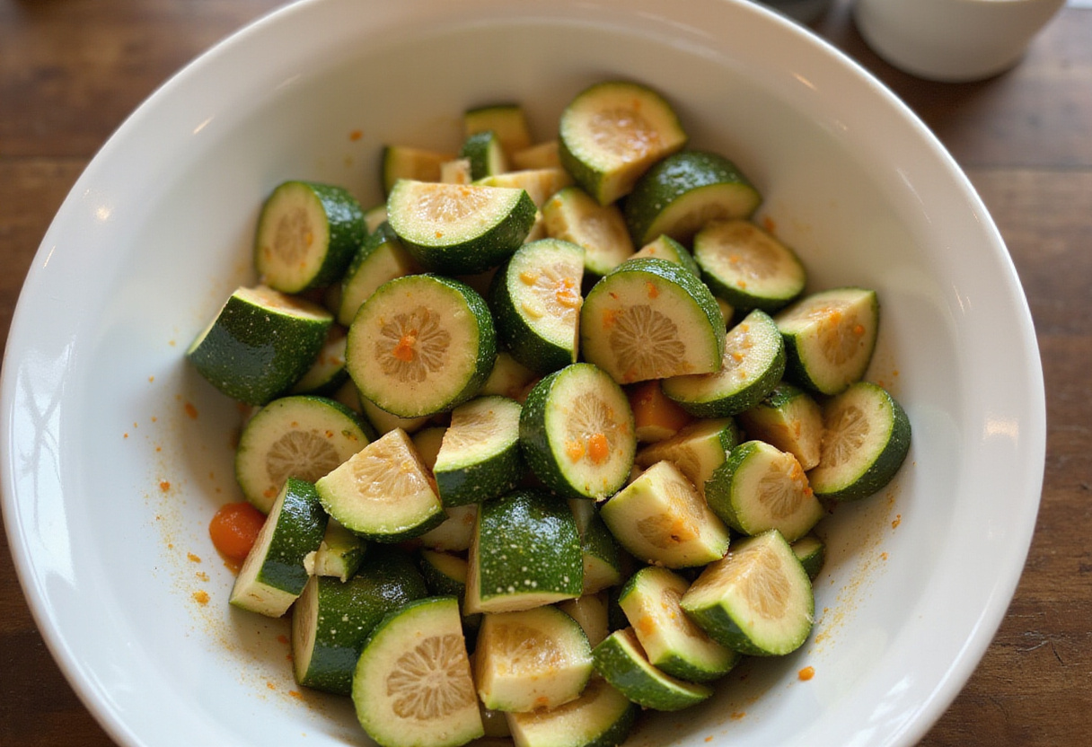 Ingredient mixture being tossed for ensalada marroquí, a refreshing zucchini salad.