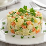 Plato de ensaladilla rusa clásica, colorido y listo para disfrutar en una comida española.