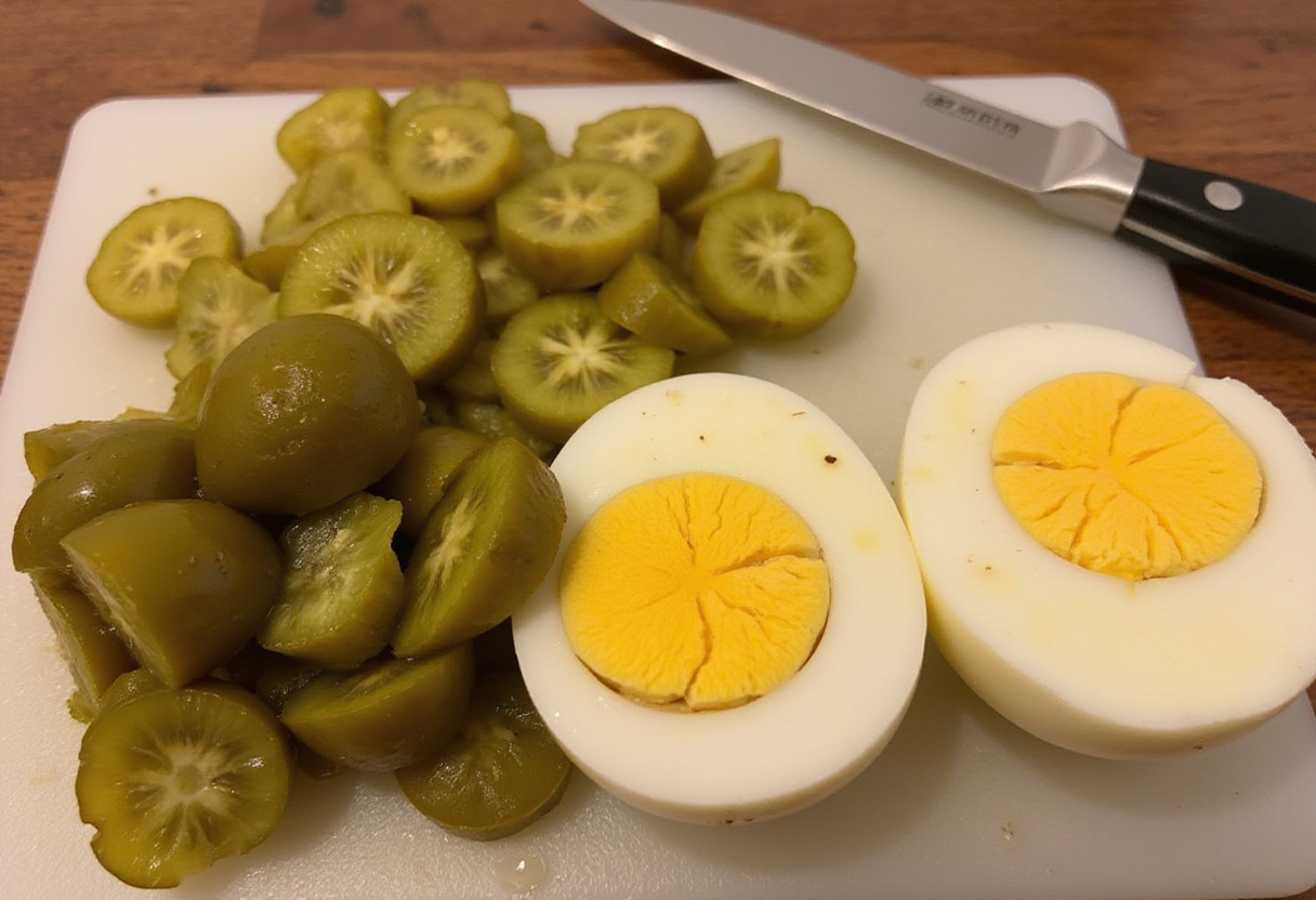 Pepinillos y huevos duros picados preparados para añadir a la ensalada rusa.