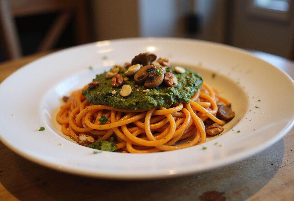 Espaguetis de boniato con pesto y setas, presentación final en la mesa.