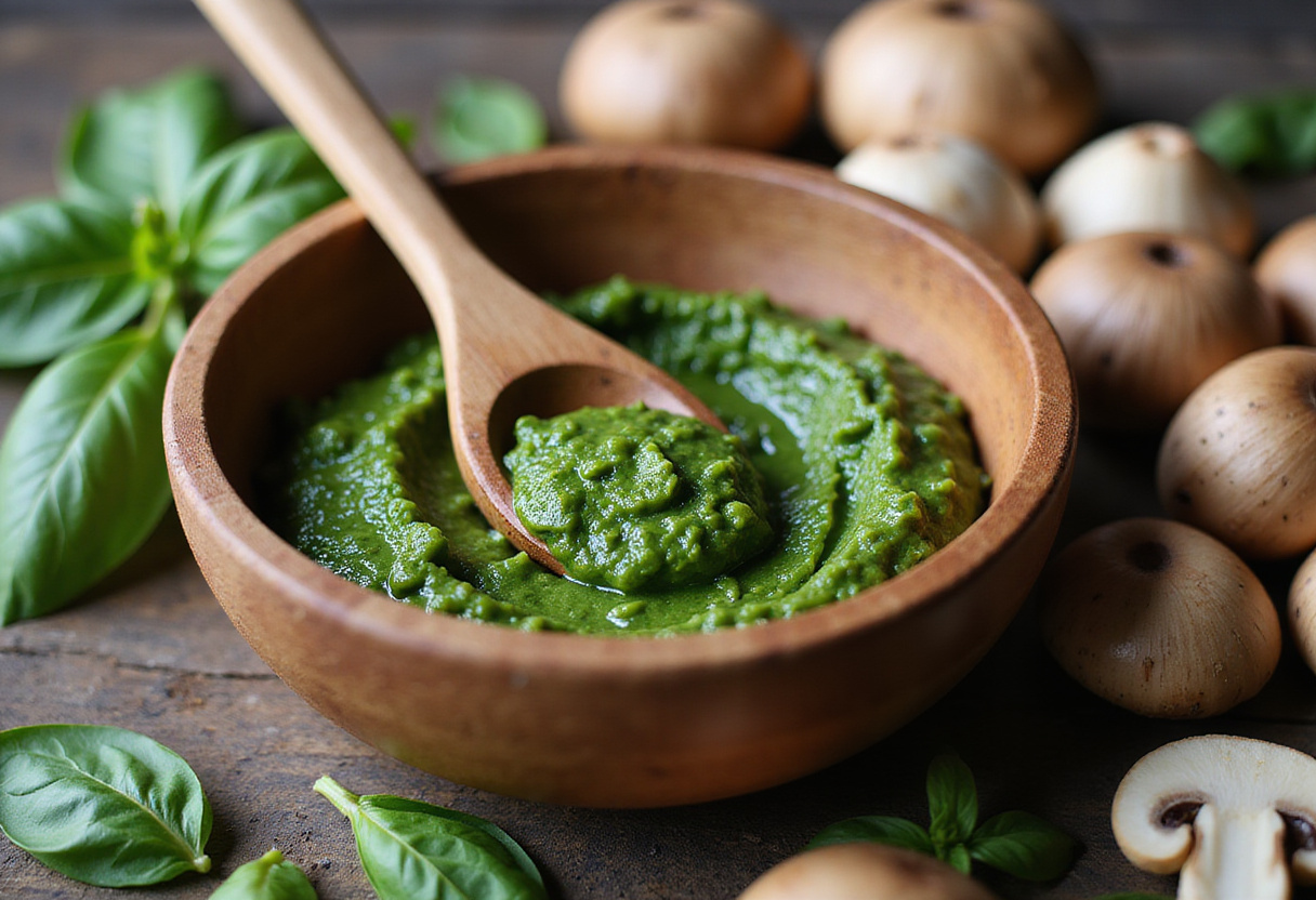 Pesto de setas preparado en un tazón de madera para la receta de espaguetis de boniato.