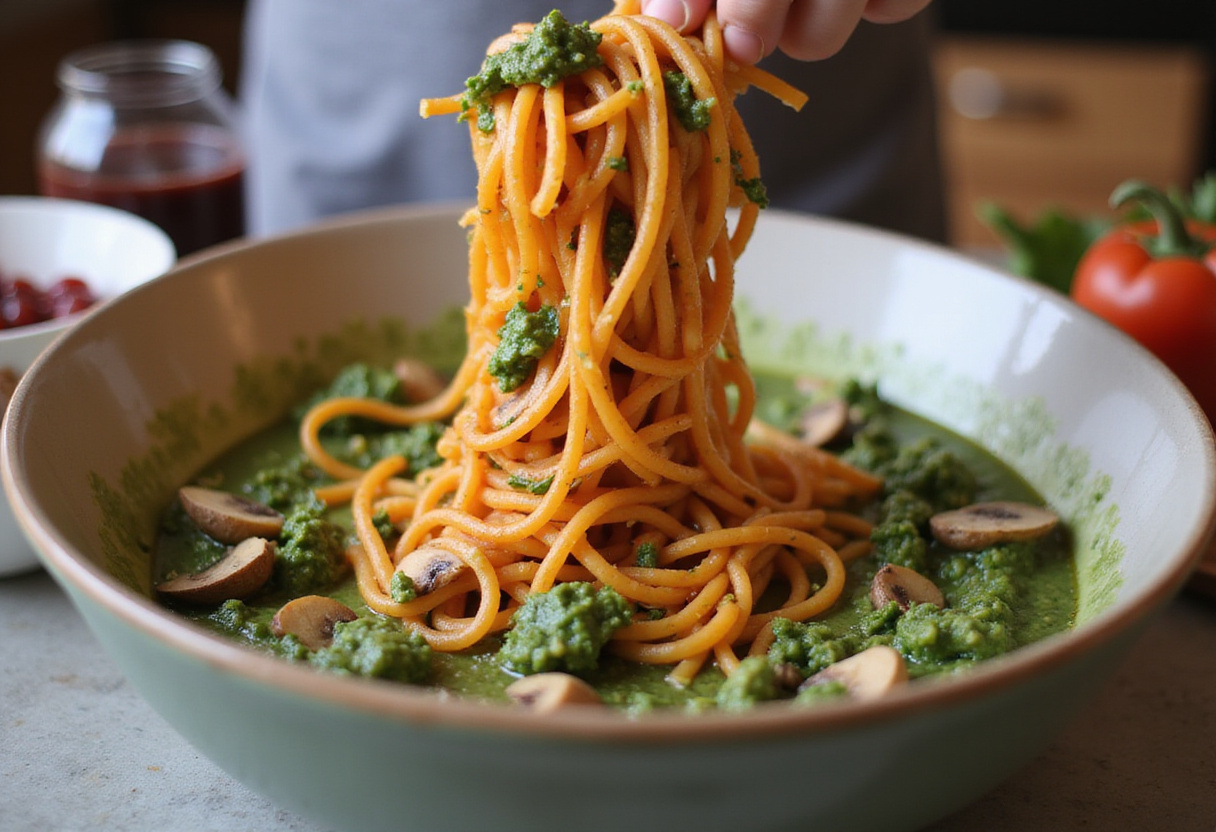 Espaguetis de boniato mezclados con pesto de setas para una deliciosa receta de espaguetis.