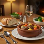 Estofado irlandés clásico servido en la mesa, listo para disfrutar en una cena tradicional.