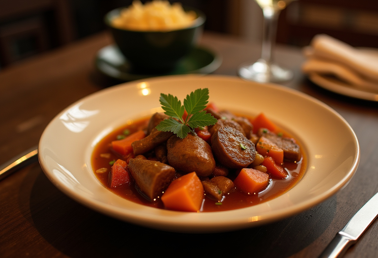 Estofado irlandés clásico servido en la mesa, listo para disfrutar en una cena tradicional.