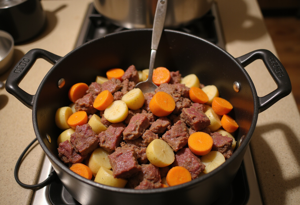 Ingredientes para estofado irlandés clásico en una olla, incluyendo carne de res, zanahorias y papas.